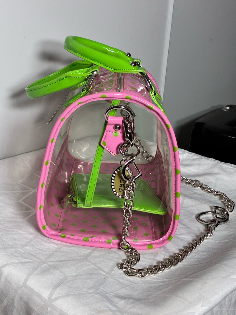 Stadium approved Clear bag NWT Dustbag bagcharm incl. pink lime green polkadot - Picture 7 of 17